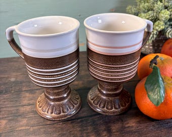 1970's Pink, White, and Brown Striped Pedestal Stoneware Mug,
