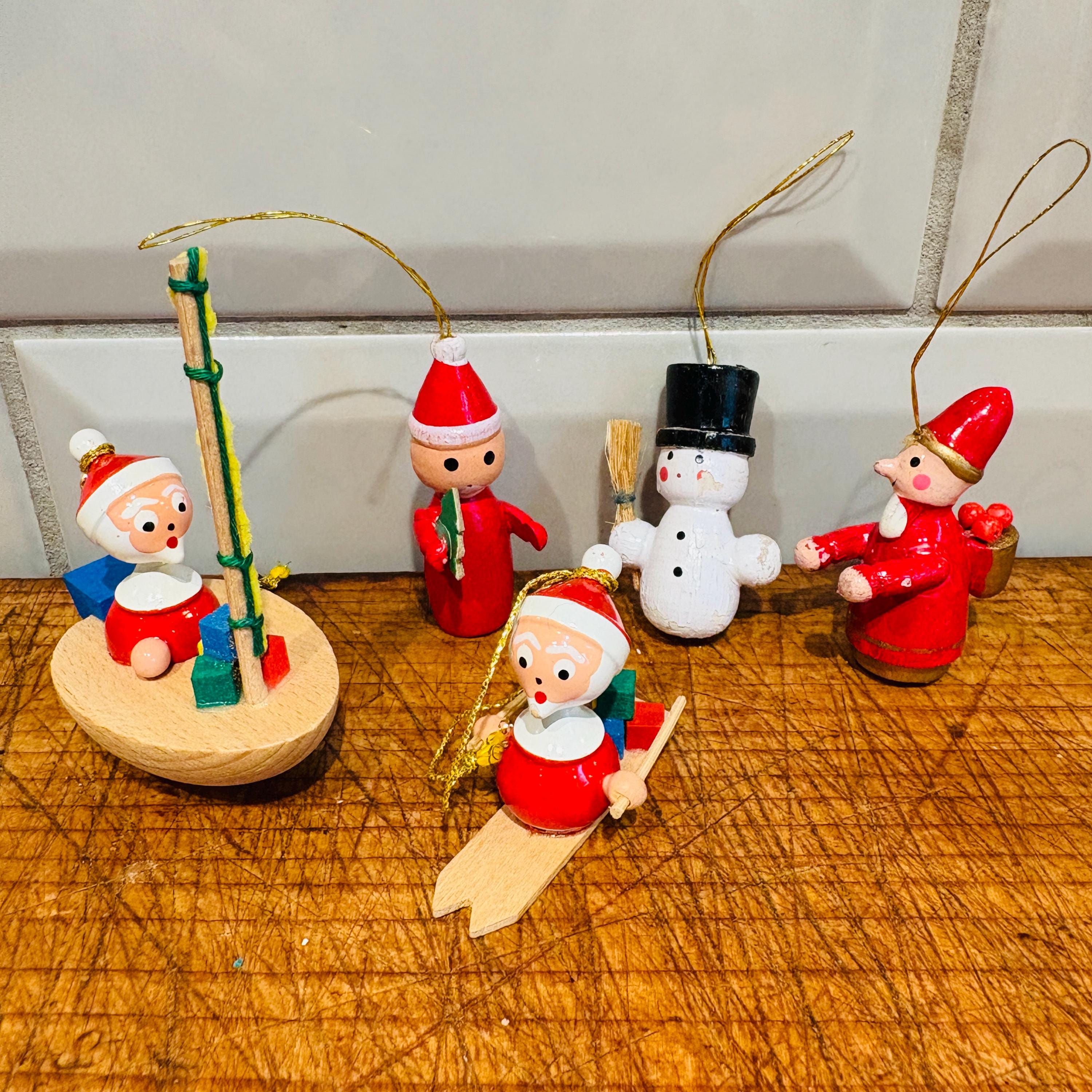 ヴィンテージ手描き木製オーナメント：グーラサンタ、スノーマン