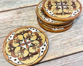 Vintage Florentine Style Coasters: Reverse Glass Painted Gold Gilt Set