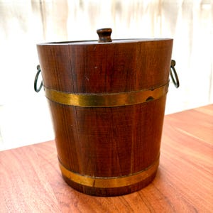 Vintage Firkin Style Wooden Bucket with Metal Bands and Brass Ring Side Handles, Lid with Knob Handle. Free shipping guarantee.