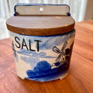 Vintage Salt Holder Cellar Dutch Themed Lidded Ceramic Wood Japan