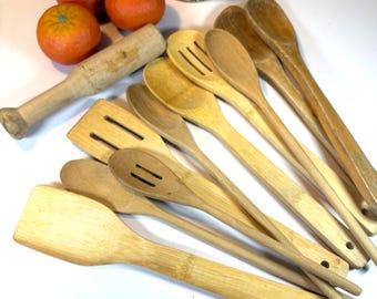 Vintage Wood Kitchen Utensils, Slotted Spoons, Pestle