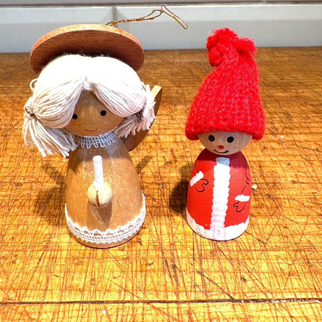 木製エンジェル Vintage 1979 Hand-painted Wood Angel and Gnome Ornaments - Etsy