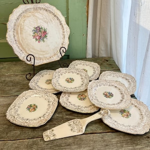 Vintage Royal China Cake Set: 22kt Gold Floral Platter & Plates