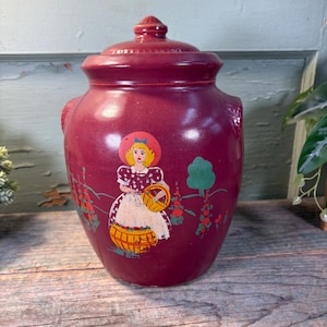 Vintage Stoneware Pottery &quot;Little Red Riding Hood&quot; Cookie Jar - Made in USA Antique Stoneware