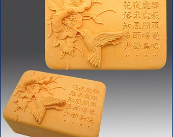 Asian Hummingbird & Spring Poem  - Soap/Guest/polymer/clay/cold porcelain 2D silicone mold- buy from original designer and maker