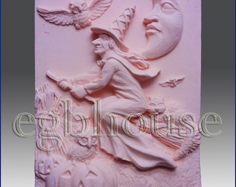 2D silicone Soap/polymer/clay/cold porcelain mold-Halloween Witch on Broom  -"Buy only from the original designer