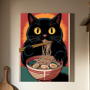Vintage kat die ramen noedels eet aan de muur - posterafdruk in retro Japanse stijl | Op kawaii anime geïnspireerde digitale download