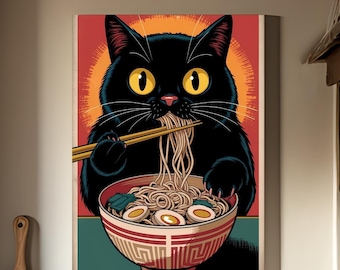 Vintage Cat Ramen Noodle Print: Retro Japanese Wall Art (Digital Download)