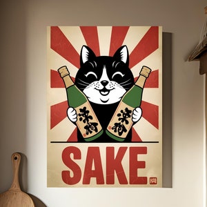 Vintage poster Japanse kattenbelangstelling - retro muurkunst | Leuke print van katten- en sakeflessen | Lucky Cat | Unieke digitale download voor keukendecor