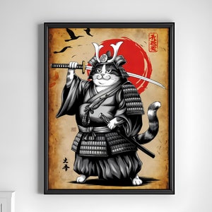 Samurai Fat Cat Warrior kunst aan de muur - vintage Japanse stijl digitale download, grappige Fat Cat-poster, afdrukbaar Japans decor voor kattenliefhebbers