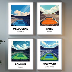 Conjunto de pôsteres do estádio de tênis Grand Slam | Conjunto de 4 impressões icônicas de estádios de tênis | Decoração de arte de parede esportiva | Presente para amantes de tênis | Majors de tênis