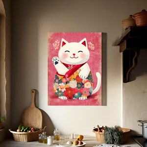 Szczęśliwy Kot Maneki Neko Dopamina Ścienna Sztuka | Japoński Szczęśliwy Kot Druk | Uroczy Kawaii Wystrój Domu | Feng Shui Plakat Szczęścia