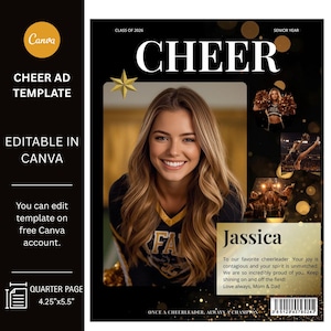 Puede incluir: Plantilla de anuncio de animadora de Canva de un cuarto de página con una mujer sonriente con uniforme de animadora. El anuncio incluye el texto "CHEER" y "Jassica", junto con "Clase de 2026" y "Senior Year". El anuncio mide 10,8 cm x 14 cm.