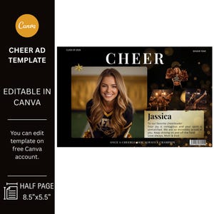 Pode incluir: Modelo de anúncio de líder de torcida com foto de uma líder de torcida sorrindo. O anúncio inclui o texto "CHEER" e "EDITABLE IN CANVA". O anúncio é de meia página, 21,6 cm x 14 cm.