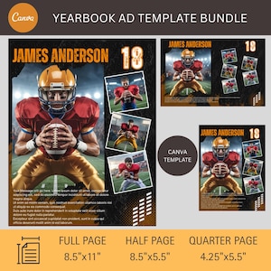 Puede incluir: Paquete de plantillas de anuncios para anuario con un jugador de fútbol americano con uniforme rojo y dorado. Incluye plantillas de página completa, media y cuarto de página con el texto "JAMES ANDERSON 18" y dimensiones.