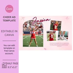 Puede incluir: Plantilla rosa de Canva para un anuncio de animadora, con una animadora con uniforme rojo y blanco con pompones. La plantilla incluye el texto "CHEER AD TEMPLATE" y "EDITABLE IN CANVA". El anuncio es de media página, mide 21,6 cm x 14 cm.