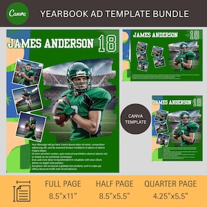 Peut inclure: Un ensemble de modèles d'annonces d'annuaire avec un design vert et blanc. Le modèle présente un joueur de football américain en uniforme vert, le nom "JAMES ANDERSON" et le numéro "18". Comprend des tailles pleine, demi et quart de page : 21,6 cm x 27,9 cm, 21,6 cm x 14 cm et 10,8 cm x 14 cm.
