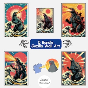 5-delige vintage Kaiju-muurkunstbundel | Godzilla ontmoet de grote golf van Kanagawa | Digitale retro-prints Japans monster