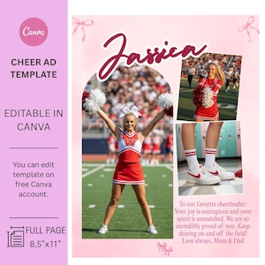 Plantilla de anuncio para anuario de animadora con lazo rosa en Canva, página completa de 8.5 x 11 pulgadas.