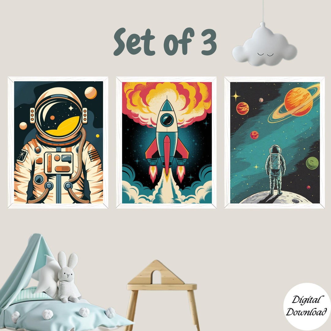 Space Nursery Wall Art Prints, Set of 3: Astronaut, Rocket (digital ...