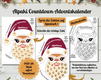 Op de afbeelding: Een printbare kerst-countdown-adventskalender met een alpaca met een baard. De kalender is in het Spaans en bevat een aftelkalender tot kerst, een kleurplaat en een cijferherkenningsactiviteit.