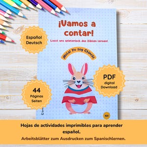 Könnte beinhalten: Ein Kinder-Aktivitätsbuch mit hellblauem Einband, das ein Cartoon-Kaninchen mit einem rot-weiß gestreiften Hemd zeigt. Der Titel des Buches lautet "¡Vamos a contar!" mit Text auf Spanisch und Deutsch. Enthält "PDF digital Download" und "44 Seiten".