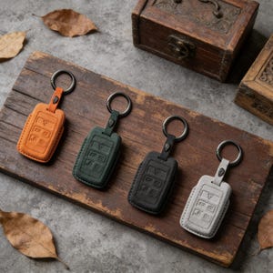 Peut inclure: Quatre porte-clés en cuir orange, vert, noir et gris, chacun avec un anneau métallique. Les porte-clés sont rectangulaires avec des détails de boutons en relief. Ils sont disposés sur une surface en bois avec des boîtes en bois décoratives en arrière-plan.