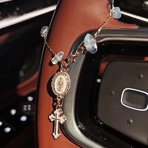 Colorful Cross Mary Rosary Steering Wheel Charm Hanging, Car Charm Virgin Mary Rosary Accessory, Car Rearview Mirror Charms Decor