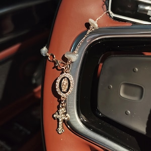 Crystal Mary Rosary Steering Wheel Charm Hanging, Cross Virgin Mary Rosary Car Charm Accessory, Car Rearview Mirror Charms Beads Charms