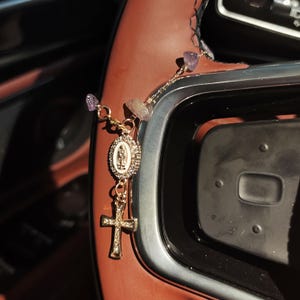 Amethyst Mary Rosary Steering Wheel Charm Hanging, Cross Virgin Mary Rosary Car Charm Accessory, Car Rearview Mirror Charms Beads Charms