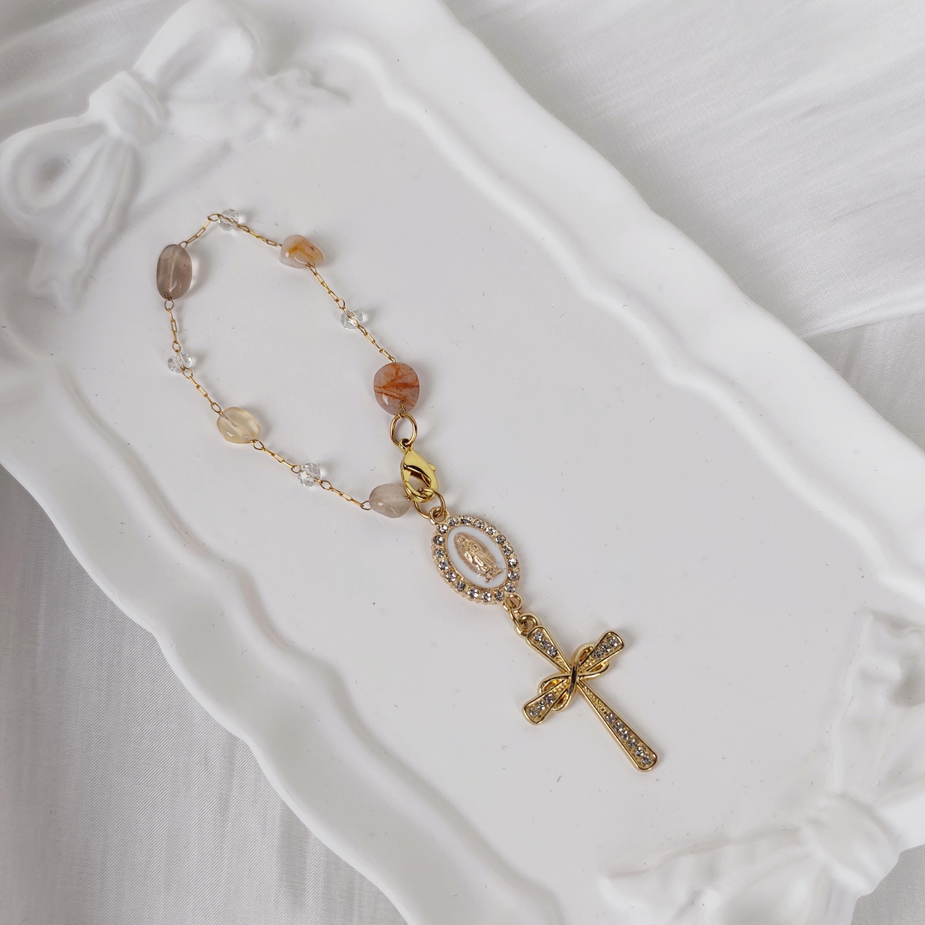 Chapelet Pour Rétroviseur Voiture – Ornement Catholique élégant – Cadeau Mariage, Baptême, Communion – Gris