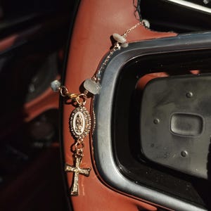 Crystal Steering Wheel Charm Hanging, Cross Virgin Mary Rosary Car Charm Accessory, Car Rearview Mirror Charms Beads Charms