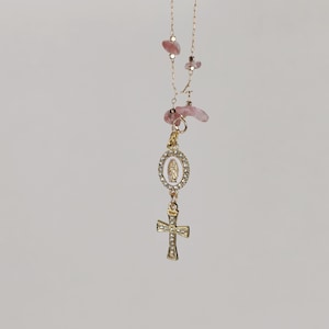 Pink Rose Crystal Steering Wheel Charm Hanging, Cross Virgin Mary Rosary Car Charm Accessory, Car Rearview Mirror Charms Beads Charms
