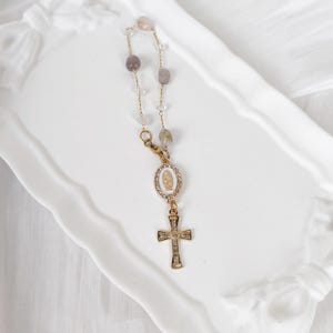 Mary Rosary Steering WheelCharm Hanging, Cross Virgin Mary Rosary Car Charm Accessory, Car Rearview Mirror Charms Beads Charms