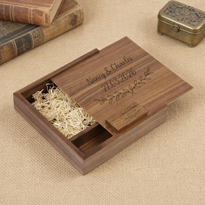 Personalized Walnut Wood USB Box Set, Custom Engraved Wedding USB Flash Drive Case, Anniversary Gift for Couple, Custom Name&Date Memory Box