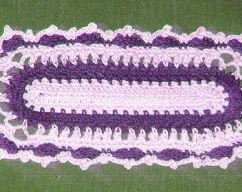 Crochet Cotton Doily, lavender and ecru oblong, 6 1/2" x 3"