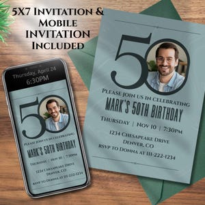 50th Birthday Invitation with Photo 50th Birthday Invite 50th Birthday Invitation for men Digital Download Mobile Invitation Canva Template