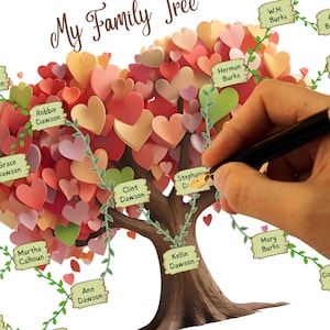 Peut inclure: Une illustration colorée d'arbre généalogique avec des cœurs et des vignes. Les noms des membres de la famille sont écrits sur des pancartes en bois suspendues aux branches. Les noms incluent Dawson, Calhoun, Burks, et d'autres.