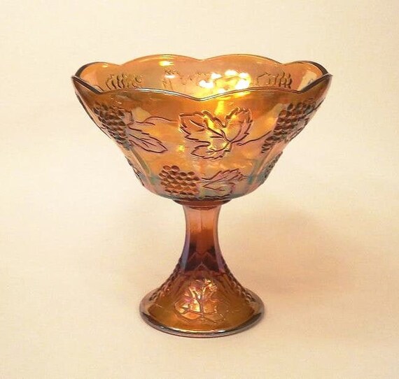 Vintage Carnival Glass Amber Gold Grapevine Design Compote Vintage Carnival Glass Amber Gold Grapevine Design Compote