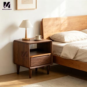 May include: A dark brown wooden bedside table with a drawer and open shelf. A small lamp with a beige shade and a cup and saucer sit on top. The nightstand is next to a wooden bed frame. The brand name "METALSTORMTH" is visible.