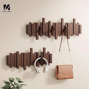 Modern Solid Walnut Wood Piano Coat Rack, Wall Coat Hat Towel Storage,Rustic Farmhouse Decor Space Saving,Magnetic Hook Rack Multifunctional