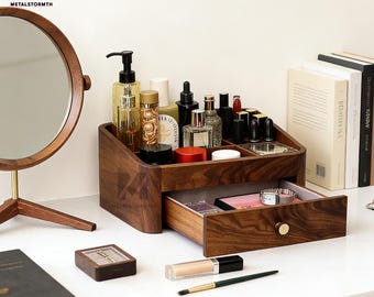 Wood Cosmetic Storage Box,Cosmetic Organizer Countertop,Beauty Tools,Personalized Large Makeup Organizer Box,Wooden Organizer for women