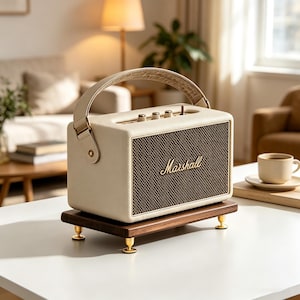 May include: A cream-coloured Marshall portable speaker with a textured finish, a top carrying handle, and a gold-toned front grille logo. The speaker rests on a rectangular dark wood base supported by four small, gold-toned metallic feet.