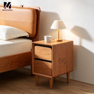 May include: A wooden bedside table with two drawers, a small lamp, and a white mug. The nightstand is made of light-coloured wood and has a rounded design. The lamp has a beige lampshade. The bed frame is visible in the background.