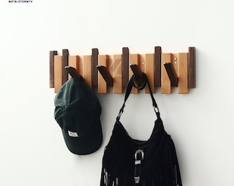 Entryway Storage,Rack for Coat Hat Towel,Beech Wood Piano Coat Rack,Space Saving Flip Down Magnetic Hook,Multifunctional Wall Organizer