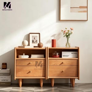 May include: Two wooden bedside tables with two drawers each, showcasing rounded edges and a natural wood finish. Each table has a top shelf with decorative items, including a vase of flowers, a framed photo, and a small red cylinder. The brand name "METALSTORMTH" is visible.