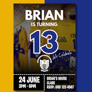Clare GAA Birthday Invitation - EDITABLE - Instant Download - Canva Editable Template - Gaelic Football invitation - Sports invitation