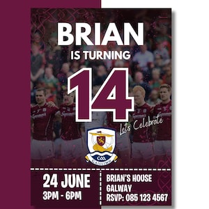 Galway GAA Birthday Invitation - EDITABLE - Instant Download - Canva Editable Template - Gaelic Football invitation - Sports invitation