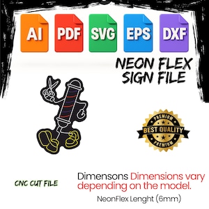 May include: Digital file for a neon flex sign, featuring a barber pole design. Includes file formats AI, PDF, SVG, EPS, and DXF. The image also includes the text "NEON FLEX SIGN FILE" and "CNC CUT FILE".